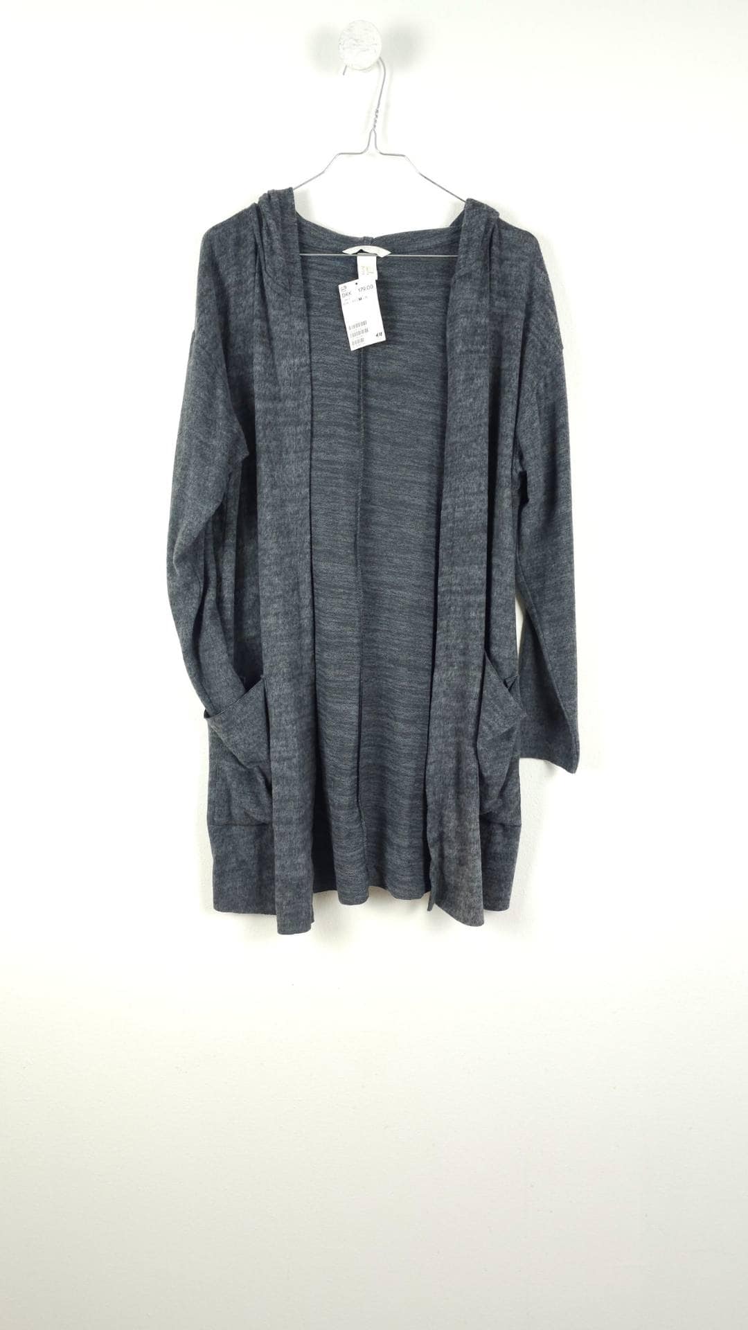 Lang grå cardigan med hoodie fra H&M, Str. M